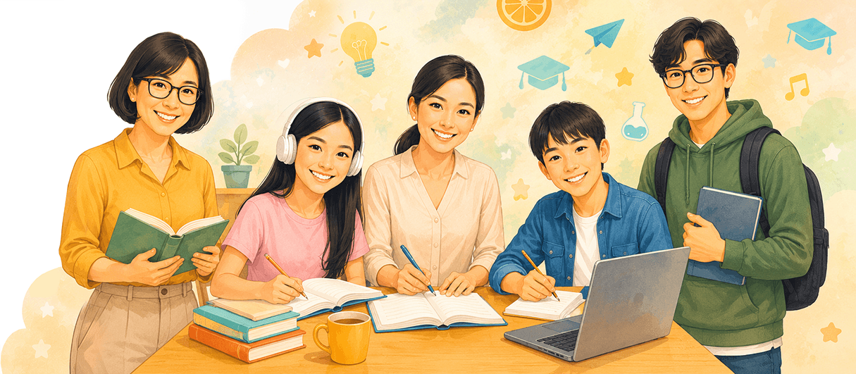 Different learnging and activity participants, children, teens and adults